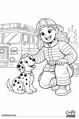 Firefighter washing fire truck with hose coloring page