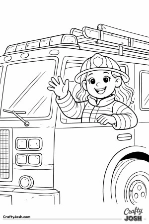 Firefighter waving from fire truck coloring page