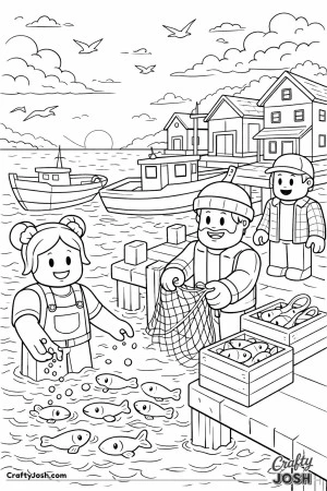 A peaceful Roblox-inspired coloring page showing blocky avatars working together at a small fishing village dock, with boats, fish crates, calm ..