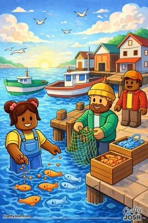 A peaceful Roblox-inspired coloring page showing blocky avatars working together at a small fishing village dock, with boats, fish crates, calm ..
