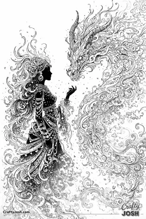 This illustration shows a princess and a dragon formed entirely from swirling flames and drifting smoke