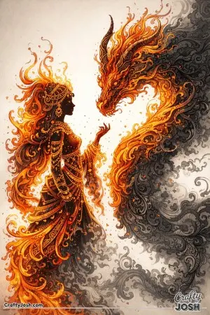 This illustration shows a princess and a dragon formed entirely from swirling flames and drifting smoke