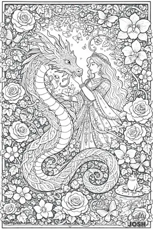 This colorful fantasy scene shows a Latina princess and her gentle dragon framed by an overflowing baroque garden of roses, orchids, vines, and ..