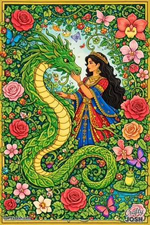 This colorful fantasy scene shows a Latina princess and her gentle dragon framed by an overflowing baroque garden of roses, orchids, vines, and ..