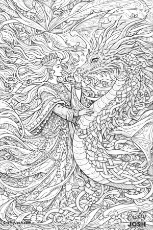 This fantasy scene shows a princess and her dragon standing together in a storm, where hair, fabric, wings, and ribbons swirl across the entire page.