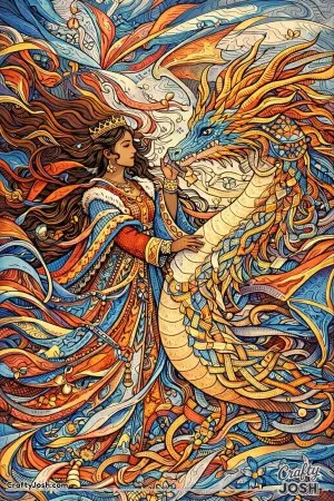 This fantasy scene shows a princess and her dragon standing together in a storm, where hair, fabric, wings, and ribbons swirl across the entire page.