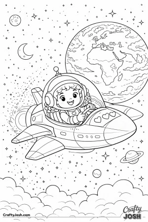 A spaceship decorated with heart-shaped buttons as it flies through space with Earth, stars, and planets in the background