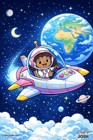 A spaceship decorated with heart-shaped buttons as it flies through space with Earth, stars, and planets in the background