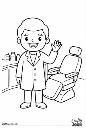 Friendly dentist waving hello coloring page
