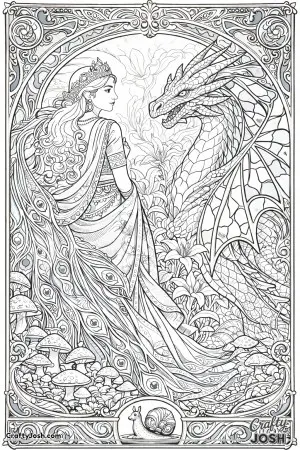 This Art Nouveau fantasy poster shows a princess and her dragon framed by flowing curves, lilies, and peacock-feather designs.