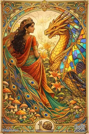 This Art Nouveau fantasy poster shows a princess and her dragon framed by flowing curves, lilies, and peacock-feather designs.