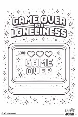 This fun Valentine’s Day coloring page features a retro arcade game screen with heart-shaped lives and the message “Game Over for Loneliness.”
