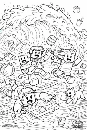 A funny Roblox-inspired action scene showing avatars scrambling across wobbling platforms as a huge cartoon wave crashes in, with flying beach gear ..