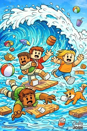 A funny Roblox-inspired action scene showing avatars scrambling across wobbling platforms as a huge cartoon wave crashes in, with flying beach gear ..