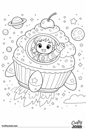 A smiling girl astronaut waves happily from a cupcake-shaped spaceship decorated with frosting, sprinkles, and a cherry as it flies through space ..