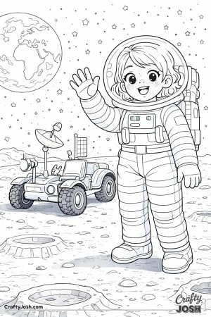 A astronaut girl waves from the moon while standing beside a parked lunar rover, with Earth glowing in the starry sky behind her