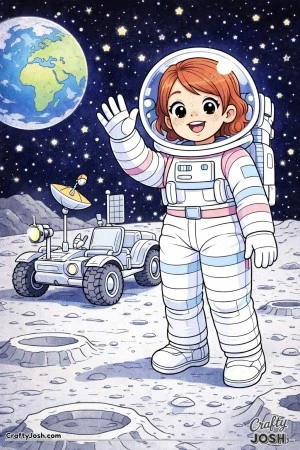 A astronaut girl waves from the moon while standing beside a parked lunar rover, with Earth glowing in the starry sky behind her