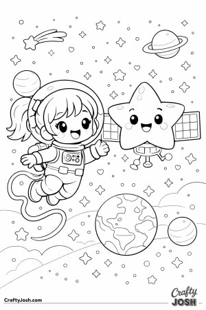 A cheerful astronaut girl floats happily through space, waving as she drifts past a smiling star-shaped satellite.