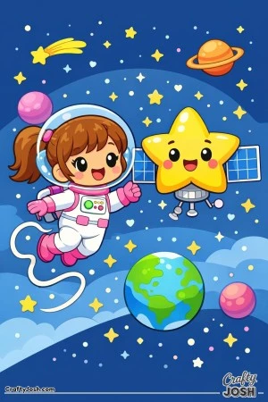 A cheerful astronaut girl floats happily through space, waving as she drifts past a smiling star-shaped satellite.
