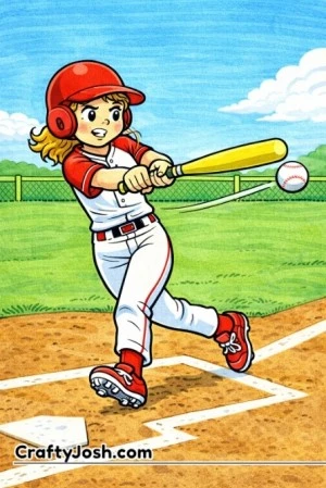 A young baseball batter steps back slightly while swinging at an inside pitch, with a focused expression