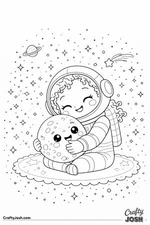 A astronaut sits in space hugging a small smiling moon while stars sparkle around her
