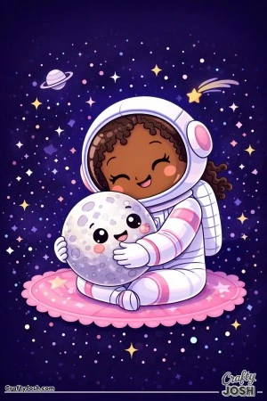 A astronaut sits in space hugging a small smiling moon while stars sparkle around her