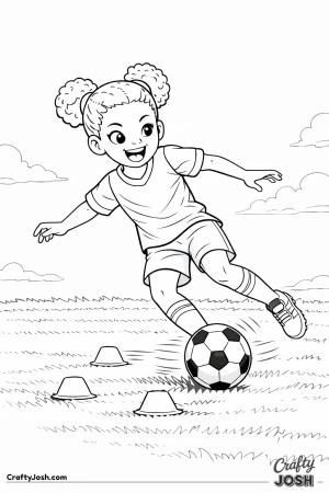 This coloring page shows a youth soccer player weaving the ball quickly through a line of training cones during a footwork drill