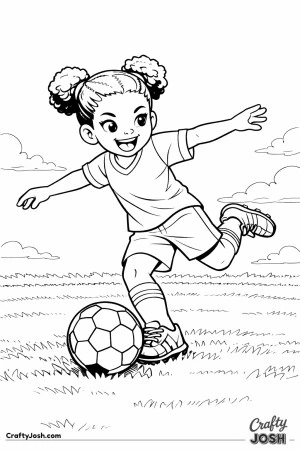 This coloring page shows a youth soccer player winding up for a powerful kick with the ball just in front of her foot