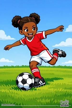 This coloring page shows a youth soccer player winding up for a powerful kick with the ball just in front of her foot