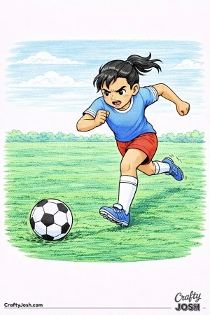 A youth soccer player sprints forward with determination as she races to catch up to a rolling soccer ball
