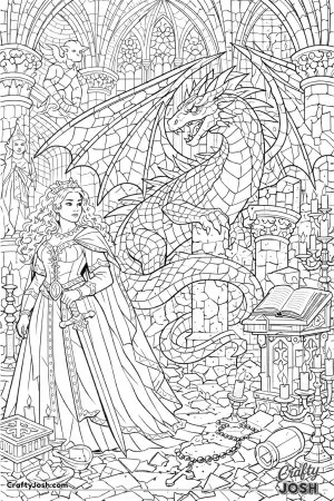 This colored illustration shows a brave princess standing inside a towering gothic cathedral as her dragon coils protectively among broken pillars ..