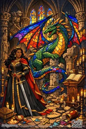 This colored illustration shows a brave princess standing inside a towering gothic cathedral as her dragon coils protectively among broken pillars ..