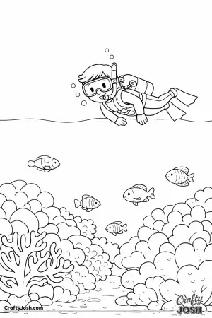 A happy diver floats above the Great Barrier Reef, waving hello to friendly fish swimming through big rounded coral shapes