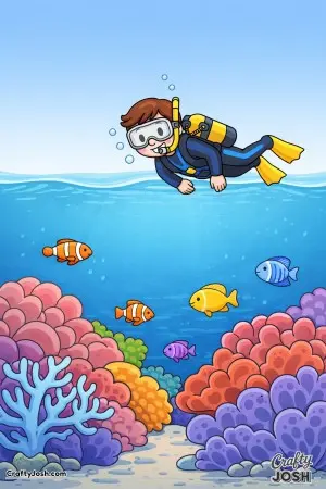 A happy diver floats above the Great Barrier Reef, waving hello to friendly fish swimming through big rounded coral shapes