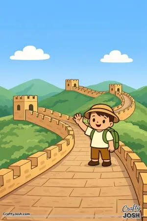 Walk along the Great Wall of China with a smiling young explorer who is happy to wave hello from the top