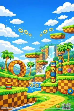 This image shows a Sonic-style side-scrolling environment filled with checkerboard cliffs, palm trees, loops, springs, and floating platforms under a ..