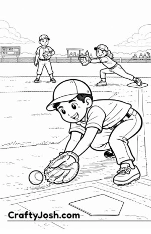 A young baseball infielder crouches low to scoop a fast ground ball while a first baseman stretches toward the base