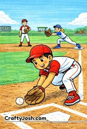 A young baseball infielder crouches low to scoop a fast ground ball while a first baseman stretches toward the base