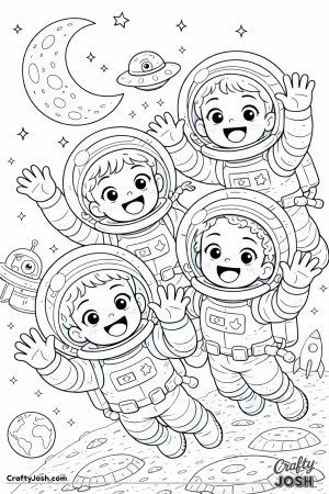 Four cheerful astronauts float together in space, waving happily from their big round helmets.