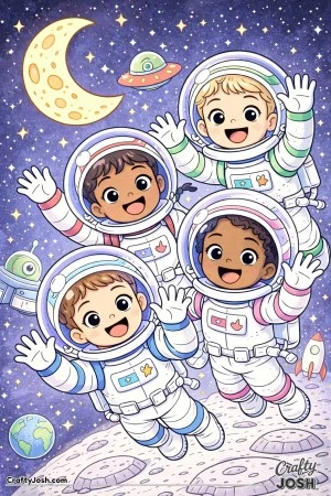 Four cheerful astronauts float together in space, waving happily from their big round helmets.