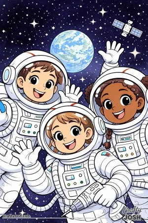 float together in space, smiling and waving from inside their helmets with Earth and a small satellite behind them