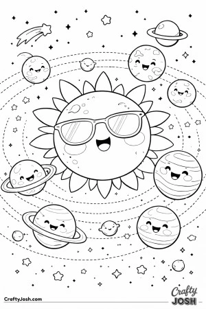 A smiling sun wearing sunglasses sits in the center while happy planets orbit around it on curved paths