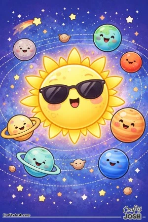 A smiling sun wearing sunglasses sits in the center while happy planets orbit around it on curved paths