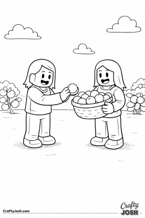 A friendly Roblox-inspired harvest scene showing two female avatars collecting round fruits together, with one holding a full basket while the other ..
