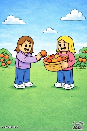 A friendly Roblox-inspired harvest scene showing two female avatars collecting round fruits together, with one holding a full basket while the other ..