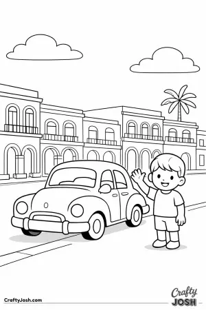 A smiling child waves beside a rounded vintage car on a sunny Havana street.