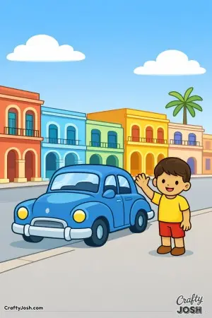 A smiling child waves beside a rounded vintage car on a sunny Havana street.