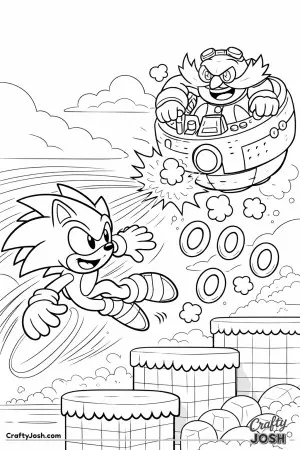 Sonic the hedgehog dodges quickly through the air as Dr Eggman hovers nearby, with rings and motion bursts flying around the scene