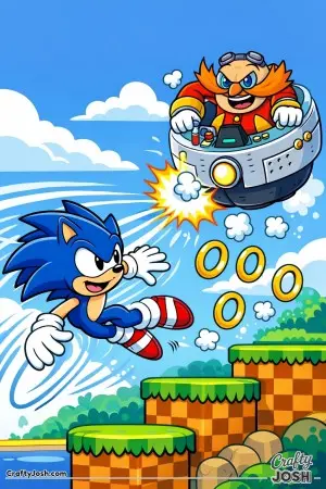 Sonic the hedgehog dodges quickly through the air as Dr Eggman hovers nearby, with rings and motion bursts flying around the scene