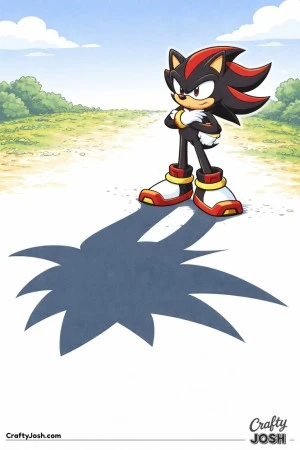 Shadow stands still with arms crossed while casting a large shadow on the ground.